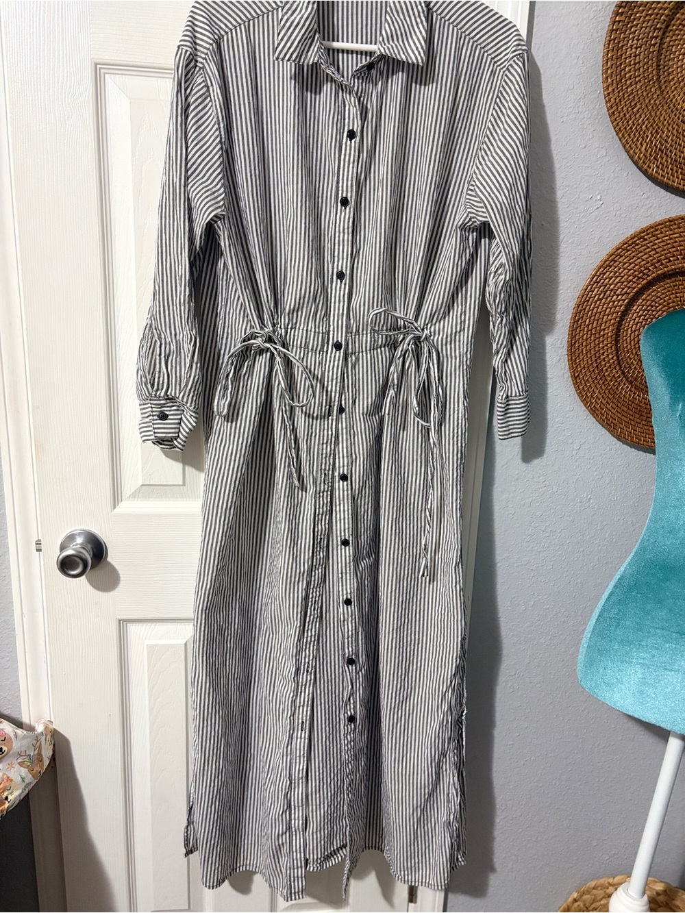 Striped Button-Front Shirt Dress with Drawstring Waist - Gray/White